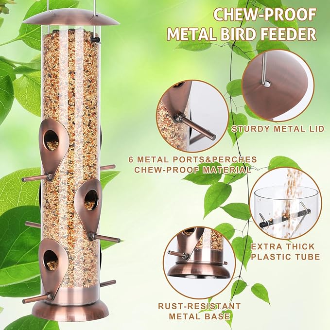FEED GARDEN Metal Bird Feeder - 6 Port Tube Feeder for Outdoors, Heavy Duty Squirrel Proof with Metal Lid, Easy Fill & Clean, Weather Resistant Copper Finish, 13 Inch