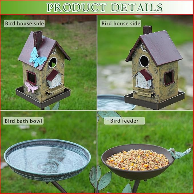 HLQMFHT 38" H Cast Iron Pedestal Bird Baths for Outdoors,3 in 1 Metal Bird Bath Bowl with Bird Houses and Bird Feeder,Garden Yard Decor