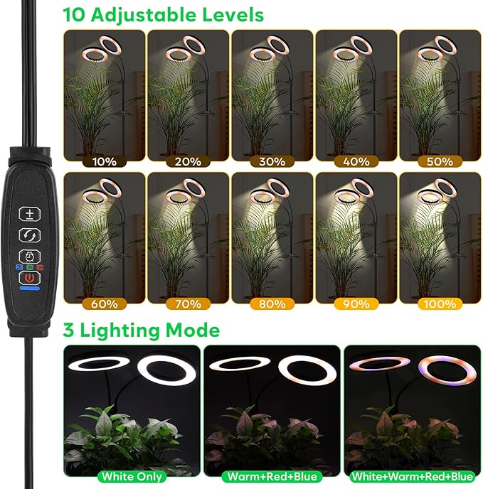 Dual Head Grow Lights for Indoor Plants - Full Spectrum 144 LED Growing Lamps with 3H/9H/12H Auto Timer, 3 Color Modes, 10 Brightness Levels, Height Adjustable 23-67" - Sun Light for Large Tall Plant