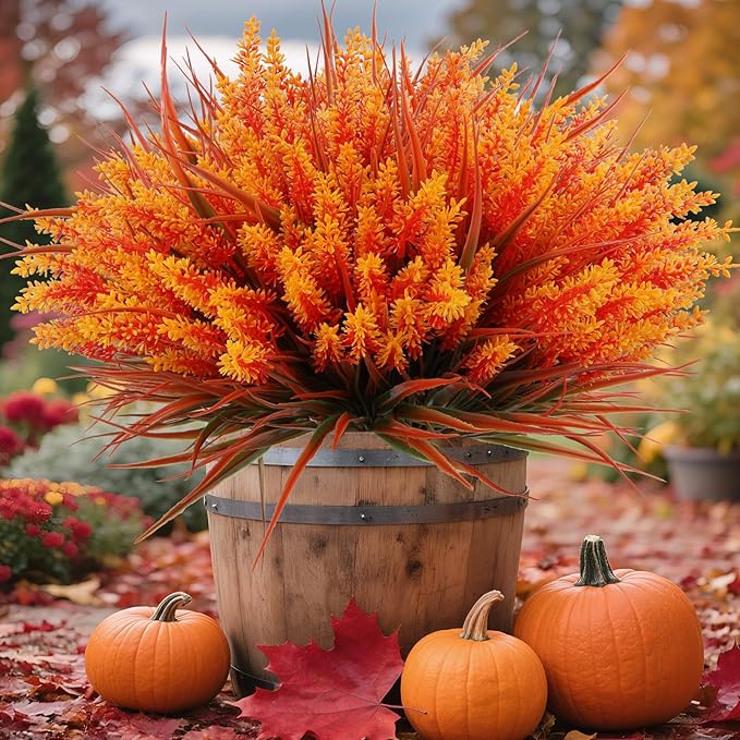 24 Bundles Artificial Fall Flowers Outdoor, Faux Lavender with Monkey Grass | UV Resistant Plastic Faux Plants for Garden Porch Patio Home Decor, Autumn-orange Color