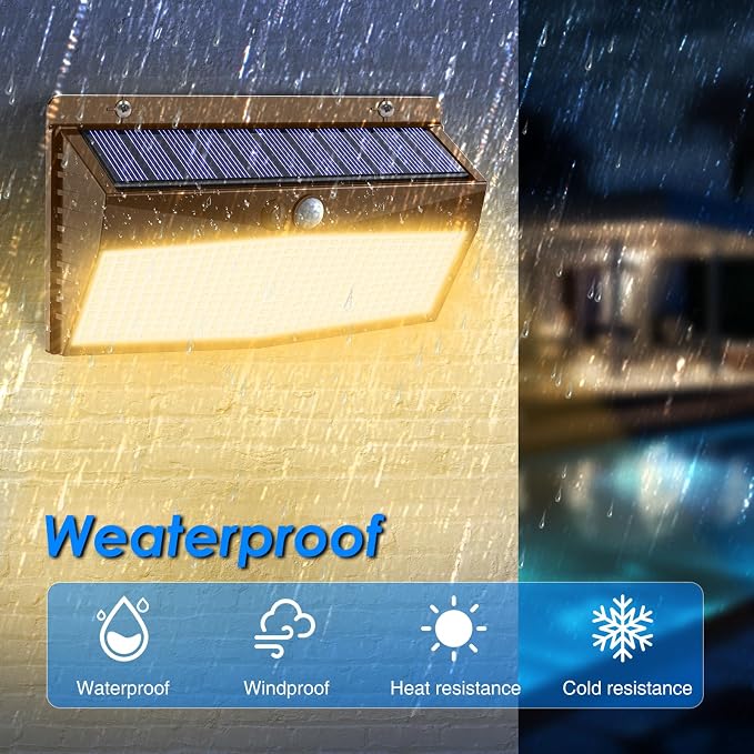 2 Pack 368 LED Solar Lights Outdoor Motion Sensor, Solar Fence Light with 3 Lighting Modes, Solar Powered Security Lights Waterproof for Outside Yard Wall Garden Backyard,Brown Warm