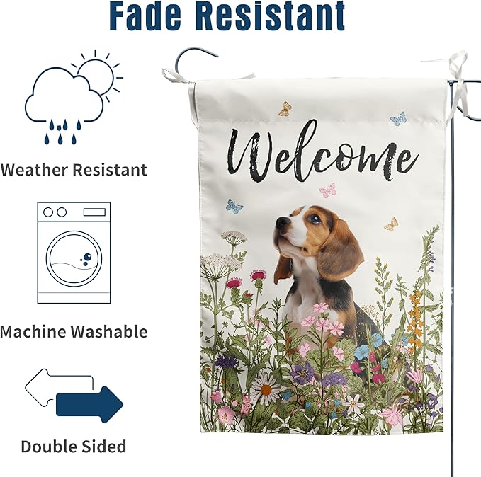 Floral Beagle Garden Flag Spring Summer House Flags 28 x 40 Double Sided Flower Dog Yard Flags for Outside Large Outdoor Welcome Flags