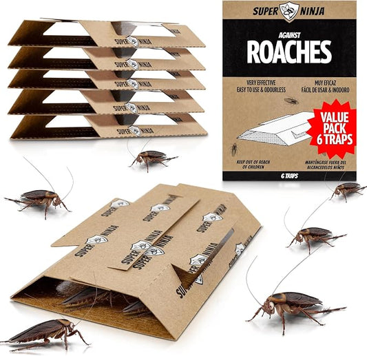 Super Ninja Roach Traps Indoor – 6 Pack, Roach Killer Indoor Infestation Control, Safe & Toxin-Free Cockroach Trap with Food Attractant, Nature-Friendly Pest Solution for Home, Garage & Shed