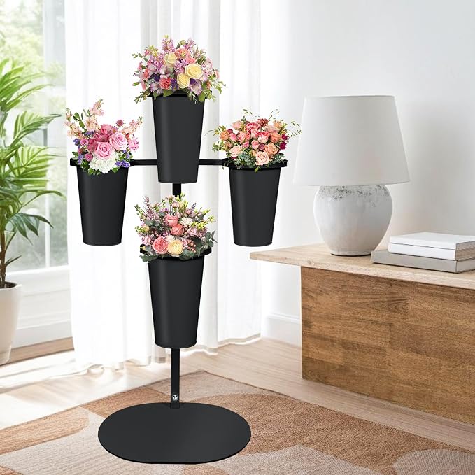 PROLEE Flower Display Stand with 4 Buckets, Flower Pot Stand, Flower Stand Metal, Florist Bouquet Shelf for Wedding, Party, Events, Oval Base, Black
