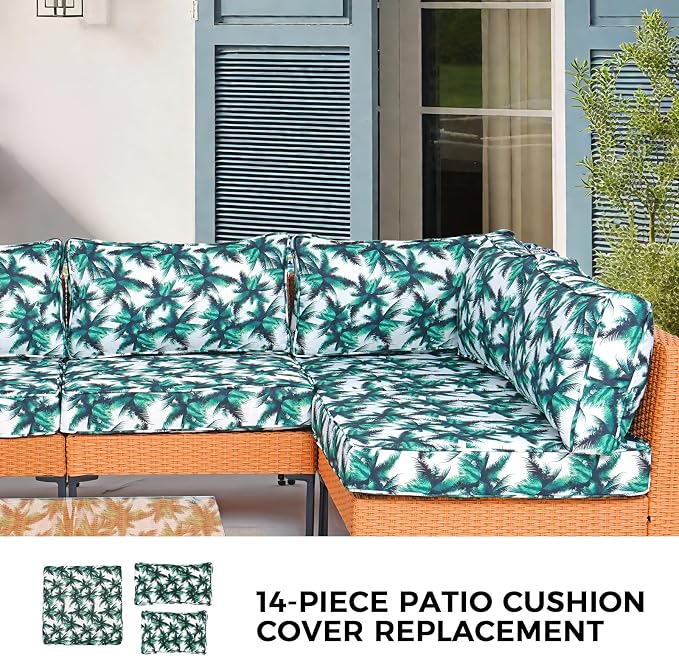 14 Piece Outdoor Patio Cushion Covers Replacement Waterproof with Zipper for 6-Seater Sectional Couch Chair Patio Furniture Conversation Sofa Seat Cushions Slipcovers Set, Only Cover
