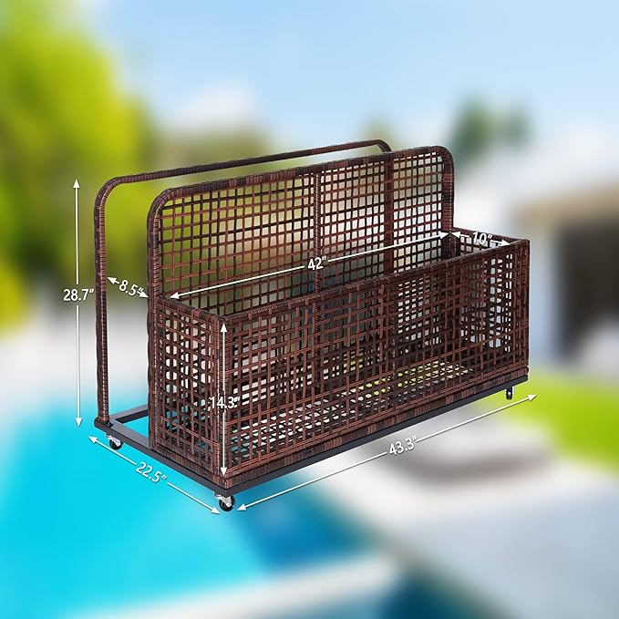 Poolside Float Storage with Wheels, Rolling PE Rattan Pool Caddy with Compartment and Basket, Wicker Outdoor Storage Organizer for Floats, Towels, Toys, Patio Accessories, Brown
