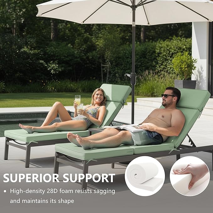 72 x 21 Inch Outdoor Chaise Lounge Cushion - Removable Cover, 4-Section Design, Water-Repellent & Fade-Resistant, 6 Tie Straps, Replacement for Patio & Pool Chairs - Sage Green
