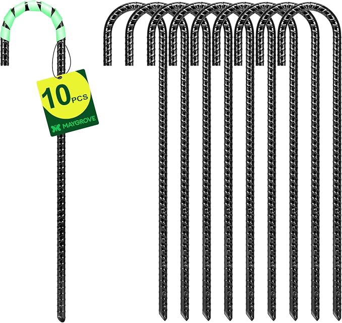 Maygrove 12 Inch Rebar Stakes Heavy Duty 10 Pack, J Hook Ground Stakes, Galvanized Steel Trampoline Stakes, Tent Anchor Kit Anti-Rust, Drip Hose Wind Stakes, Black