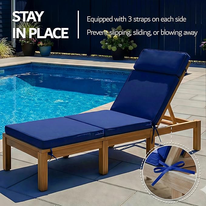 72 x 21 Inch Outdoor Chaise Lounge Cushions Set of 4 - Removable Cover, 4-Section Design, Water-Repellent & Fade-Resistant, 6 Tie Straps, Replacement for Patio & Pool Chairs - Navy