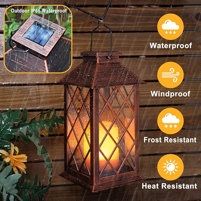 TAKE ME 14" Solar Lanterns Outdoor Garden Lantern Waterproof LED Flickering Flameless Candle Mission Lights for Table,Outdoor,Party