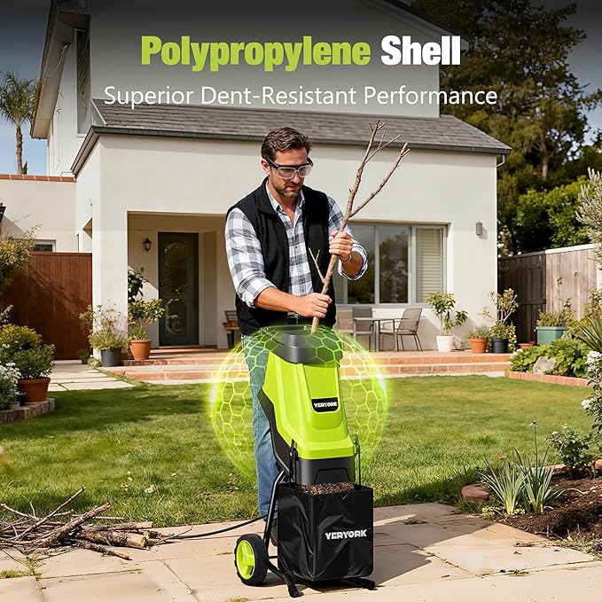 Yeryork Wood Chipper, 15-Amp 1.8" Cutting Diameter Electric Wood Chipper & Shredder with 50L Collection Bag, Efficient Mulcher for Easy Clean up Ideal for Yard Waste and Branches