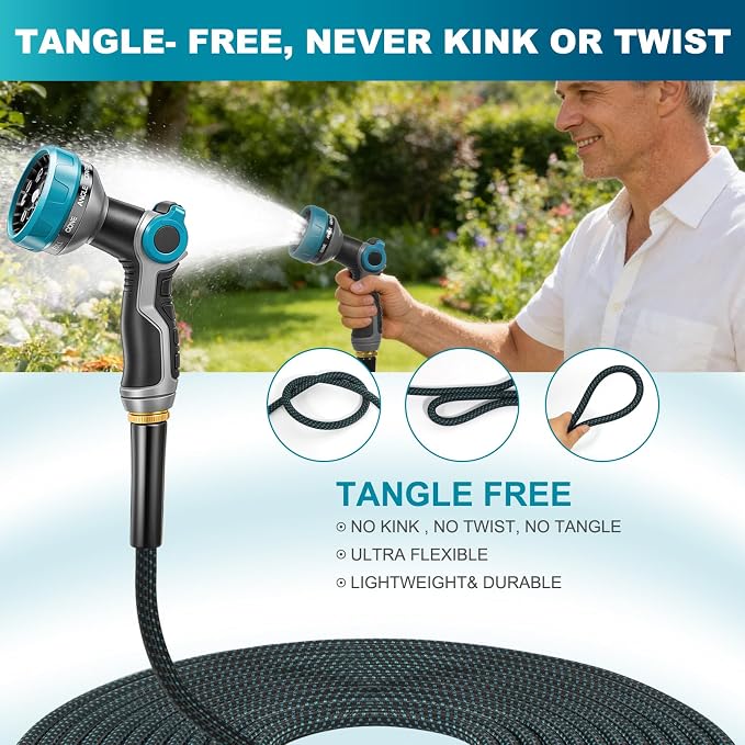 50FT Non-Expandable Garden Hose, Lightweight Kink-Free Water Hose with 10-Pattern Spray Nozzle, 3/4" Brass Connectors, Leak-Proof Abrasion Resistant Flexible Hose for Lawn, Yard, Car Washing