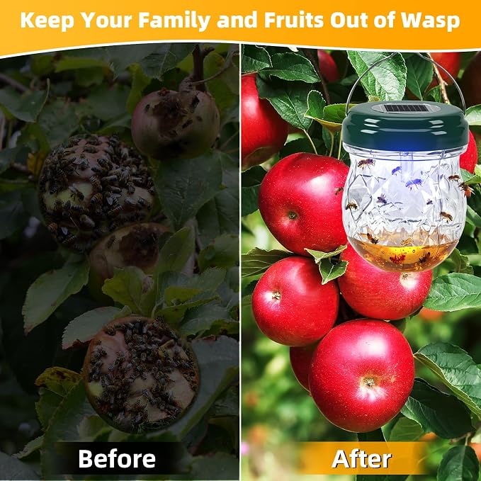 4 Pack Solar Wasp Traps Outdoor Hanging: Reusable Yellow Jacket Traps with LED Light - Effective Carpenter Bee Catcher & Hornet Trap - Waterproof Wasp Deterrent for Garden & Yard (4)