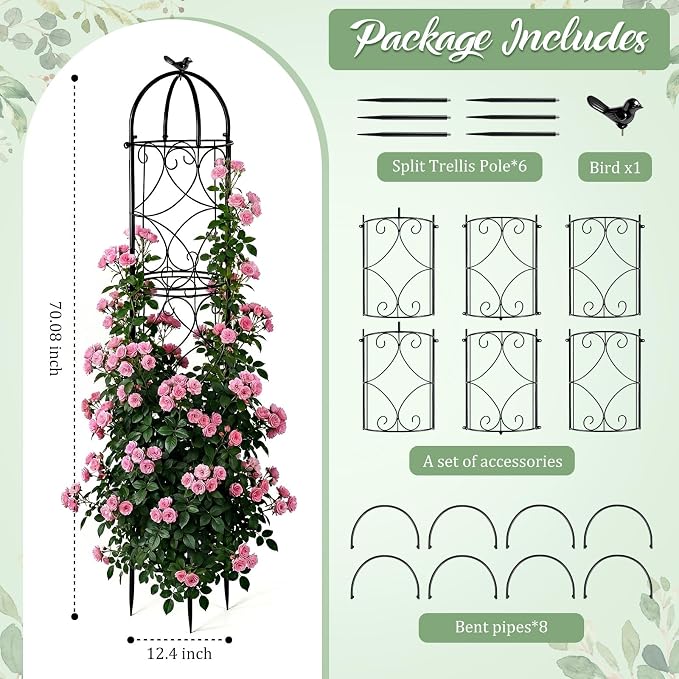 100% Metal 6.1 Ft Garden Obelisk Trellis for Climbing Plants, Rustproof Coated Floral Scrollwork Plant Support with Bird Finial, for Tomato, Rose, Grape, Cucumber, Vines, Indoor/Outdoor Black