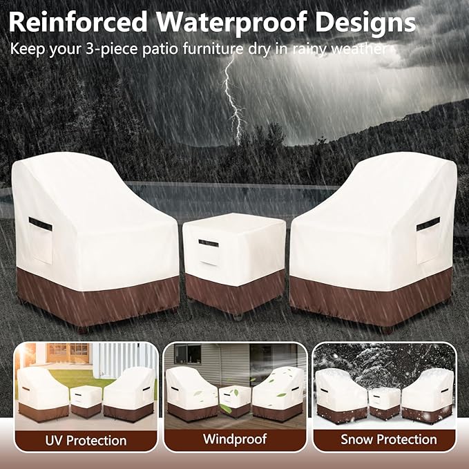 Patio Furniture Covers for 3 Piece Outdoor Bistro Sets,100% Waterproof Outdoor Furniture Cover,Includes 2 Chairs and Coffee Table Cover,Beige & Brown