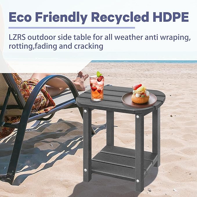 LZRS 2-Tier Patio Side Table, Heavy Duty HDPE Outdoor End Table with Wood Texture, Weatherproof Composite Table for Adirondack Chairs, Deck, Pool, Indoor/Outdoor, No Peeling Cracking(Grey)