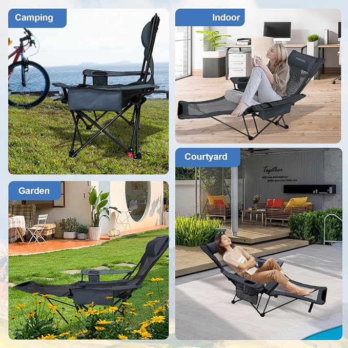 2-Pack Reclining Camping Chair 4 Position with Foot Rest Comfortable for Adults 265Ibs Folding Lounger Mesh Beach Chair with Cooler Bag and Cup Holder for Outdoor Patio