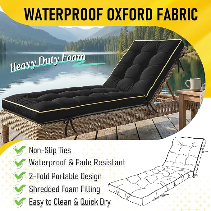 80x26 Inch Folding Chaise Lounge Cushion Quick Dry - Outdoor Sun Lounger Seat Pad with Shredded Foam for Patio Furniture, Deck Chairs, Poolside (Black, 80 INCH × 26 INCH)