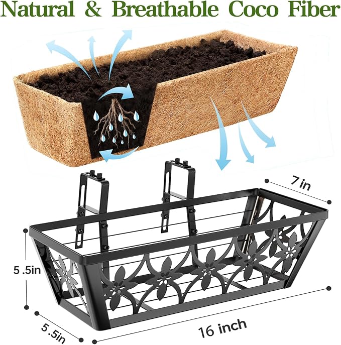 16 Inch Window Boxes Planters Railing Planter Box - 4 Pack Deck Railing Planter Boxes with Adjustable Brackets Coco Liners Balcony Planters Railing Hanging for Window Flower Boxes Outdoor Garden Decor