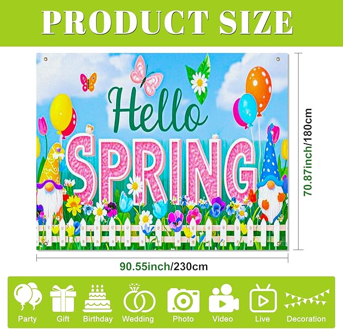 BlissYard Spring Gnome Backdrop 8x6ft Hello Spring Garden Party Background Cute Cartoon Gnome Photography Backdrop for Spring Festival Easter Celebration Birthday Classroom Photo Booth Decor