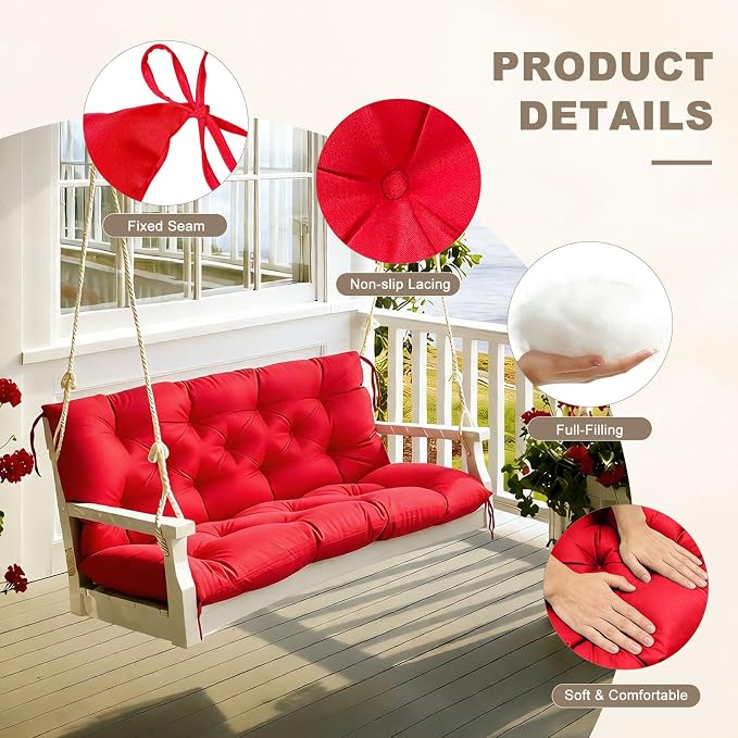 Porch Swing Cushion with Backrest,Waterproof Bench Cushion for Outdoor Furniture,2-3 Seater Replacement Thickened Swing Cushion with Ties,Patio,Outdoor,Backyard and Garden (Red,60x40)