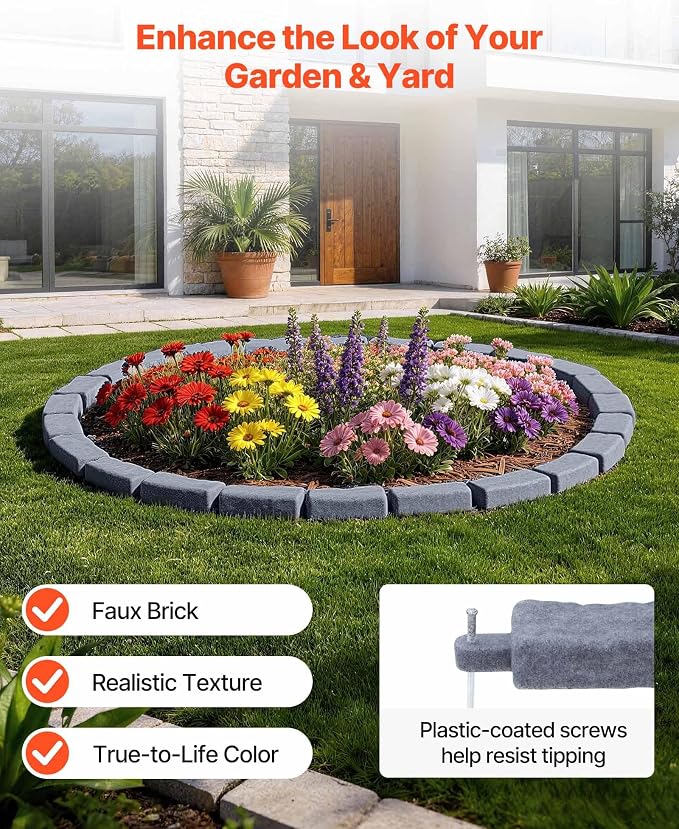 VEVOR Faux Stone Landscape Edging, 15.5 ft Kit, No Dig Garden Edging Border, Blocks for Lawn, Flower Beds, Yards, 4 Pack Each Section Has 6 Bricks 46.46"L x 3.74"W x 2.24"H, 12 Spikes & End Cap, Gray