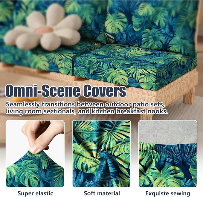 8Pcs Patio Stretch Cushion Covers, Outdoor Couch & Sofa Replacement Slipcovers for Patio Furniture Cushion Covers, Washable Reusable Furniture Protector, Square Large, Rainforest