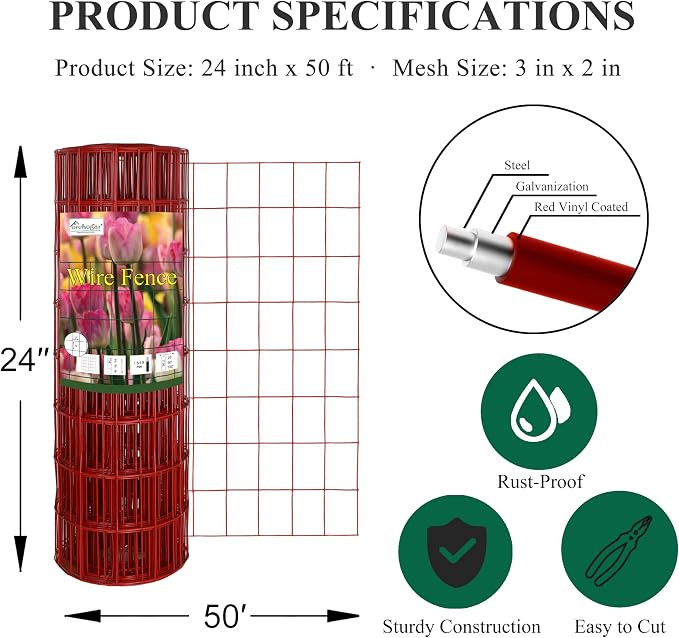Red PVC Coated Welded Wire Fence 24 Inch x 50 Foot, 2 Inch x 3 Inch 16GA, Garden Border Fencing Roll Vinyl Coating Metal Wire Mesh for Yard Vegetable Plant Protection Poultry Netting