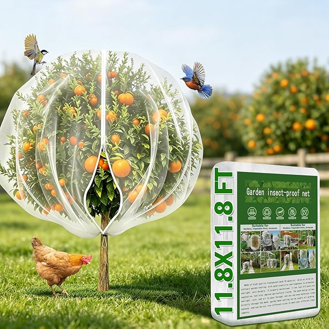 11.8×11.8FT Fruit Tree Netting with Zipper and Drawstring, Heavy Duty Garden Mesh Cover, Reusable Plant Protection Netting Against Birds, Squirrels, Cicadas and Insects