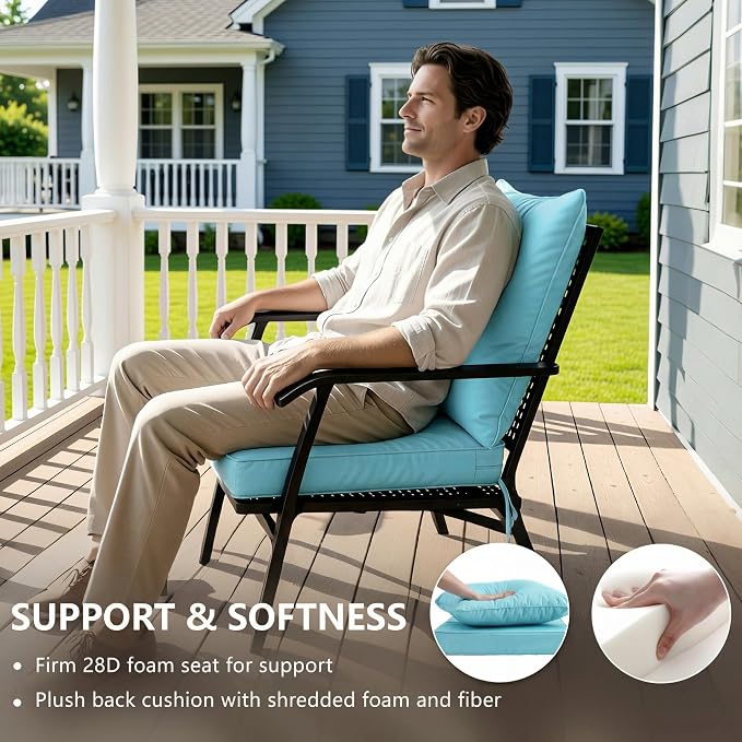 22x22 Inch Patio Chair Cushions Set of 2, Outdoor Furniture Cushions - Removable Cover, Water-Repellent, Fade-Resistant, Non-Slip Bottom & Straps, Replacement for Lawn, Porch & Deck Chair - Light Blue