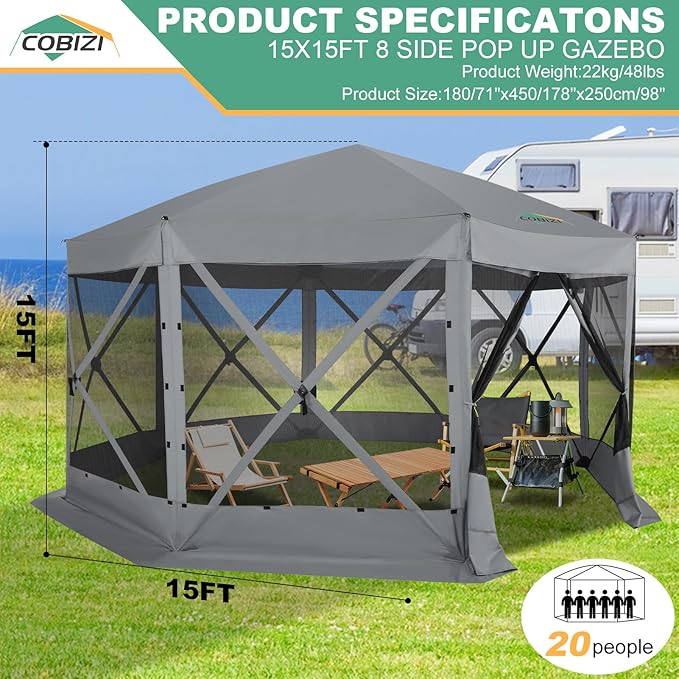 COBIZI 15x15 FT Pop Up Gazebo - Canopy Tent, Large Gazebos On Clearance with Sidewalls, Screened in Gazebo,carpas para Patio,Portable Screen Tents for 12-15 Persons Outdoor Camping, Backyard,Gray