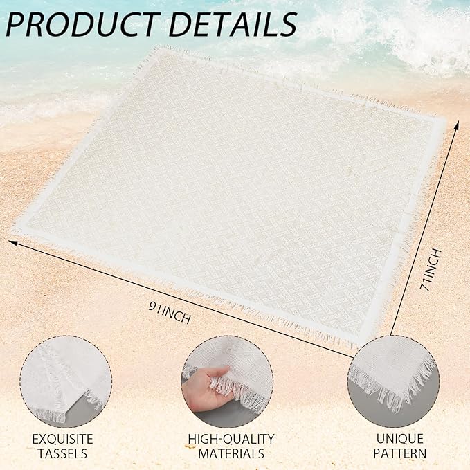 6.5 Ft Fringe Patio Umbrella and 71"x 91" Extra Large White Picnic Blanket UPF50+ Outdoor Tassels Ruffles Beach Umbrella with Steel Pole for Camping Patio Lawn Beach Park