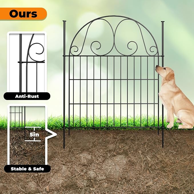 14 Pannels Garden Fence Animal Barrier,Decorative Garden Fence with Gate, No Dig Fencing for Yard,36in(H),Total Length 30.6Ft,Arched Metal Fence Panels,Rustproof Black
