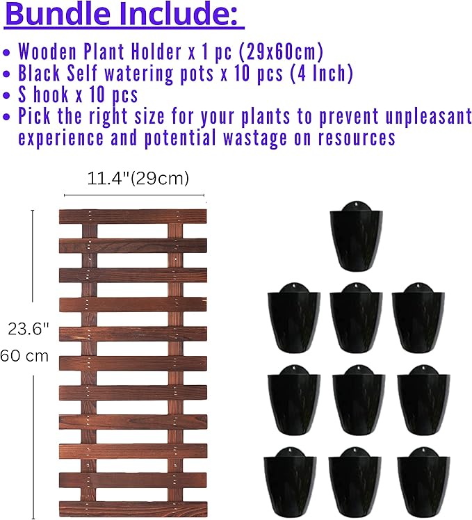 ShopLaLa Bundle- 1 Pack,23.6 Inch Wooden Plant Holder + 10 Pack, 4 Inch Black Self Watering Pot Wall Mount Hanging Indoor Hydroponic Garden Display Live Vertical Air Plant Succulent Frame Modern Decor