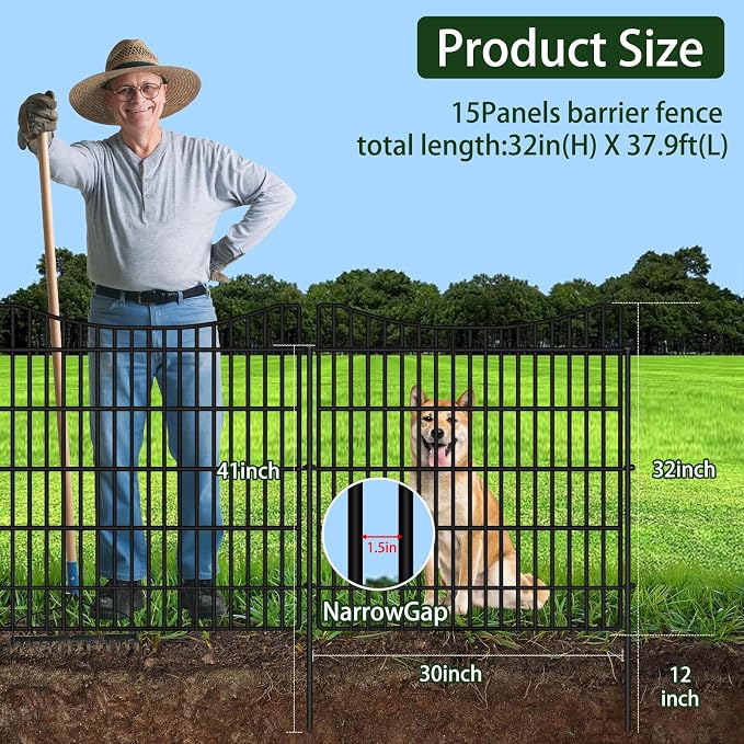 ULIOK 15 Panels Dog Fence Outdoor for Yard, 32 in(H) X 37.9 ft(W) Garden Fence Animal Barrier, No Dig Garden Fencing Outdoor, Dogs Rabbits Blocker Metal Wire Decorative Fences for Yard, Patio