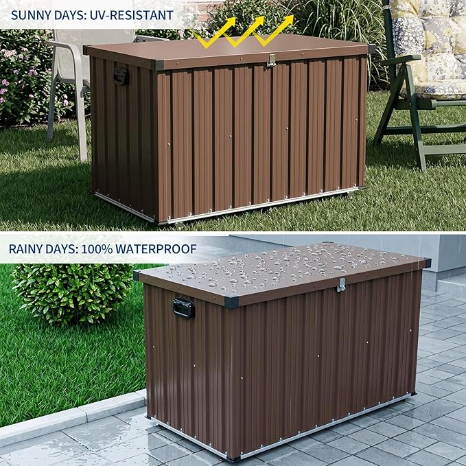 Metal Deck Box 200 Gallon Waterproof Patio Storage Container, Metal Outdoor Storage Box with 0.6 mm Galvanized Steel and 0.3 mm Coated Steel Panels, Large Bin with Wheels for Deck, Porch, Pools