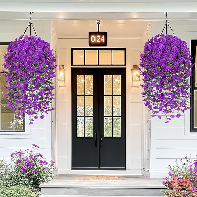 MARTINE MALL 8 Pcs Look Real Artificial Flowers for Outdoors, Realistic Artificial Hanging Flowers for Outdoors, UV Resistant Fake Hanging Plants Silk Petunia Faux Flowers for Porch Patio, Purple