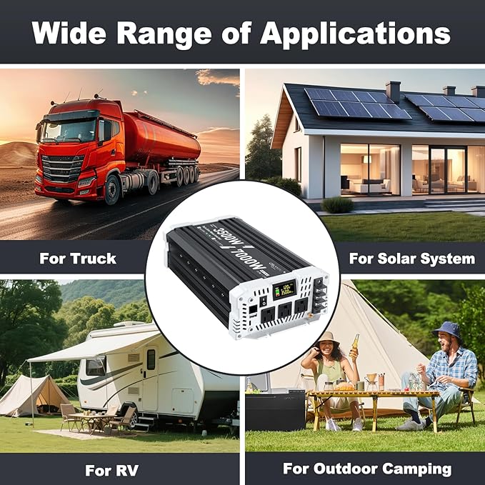 3500 watt Pure sine Wave Inverter, 12V DC to 110V AC Power Inverter, with 3 AC Output sockets, USB Port, Type-C Port, Remote Control with LCD Screen, Used for Solar Emergency Power Supply in RV Homes