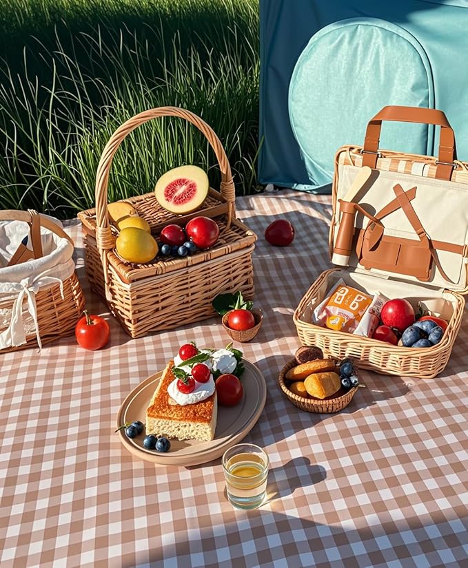 Wind Tour Waterproof Picnic Blanket with Carry Strap - Foldable Sandproof Outdoor Mat for Camping, Beach, Park - 59" x 71",Coffee Grid (Two Mat Set)