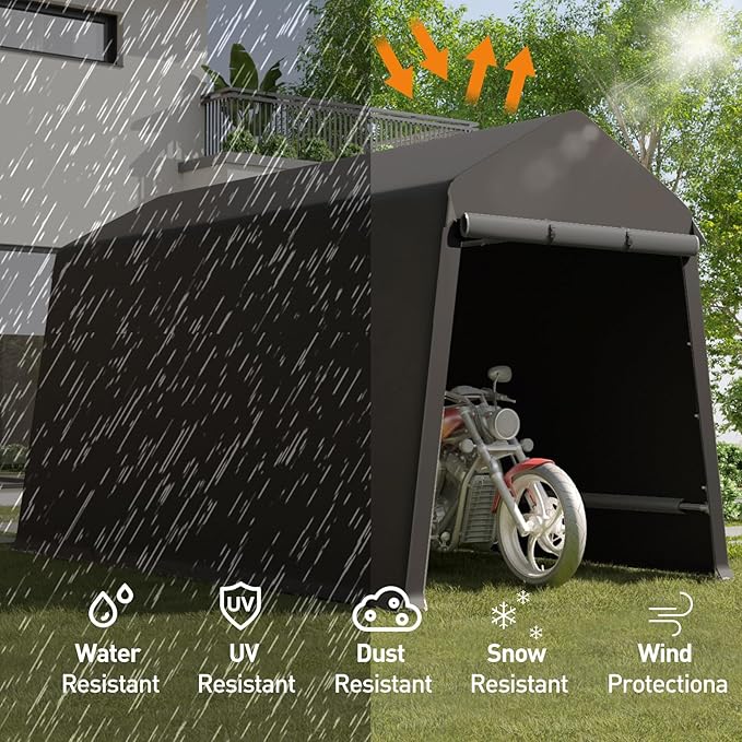 CABIHOME 7X12Ft Motorcycle Carport, Portable Outdoor Storage Shed Tent, Heavy-Duty Carport with Rolled Up Zipper Door & Vent, Waterproof & UV Resistant, for Motorcycle, Bike, Lawn Mower, Tool (Black)