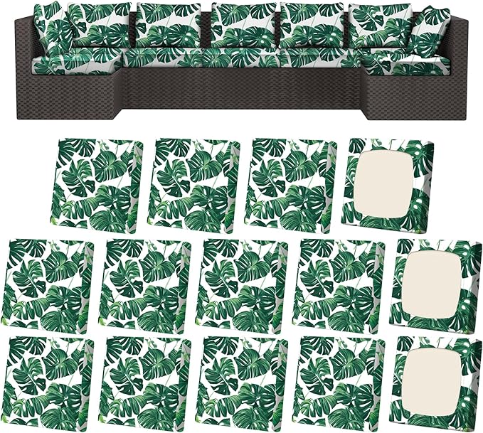 14Pcs Patio Stretch Cushion Covers, Outdoor Couch & Sofa Replacement Slipcovers for Patio Furniture Cushion Covers, Washable Reusable Furniture Protector, Square Large, Green Leaf