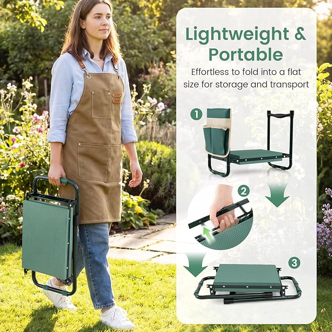 2-in-1 Garden Kneeler and Seat, Folding Garden Seat w/EVA Foam Kneeling Pad & Removable Tools Pouch, Sturdy Steel Frame, No Assembly, Portable Heavy Duty Garden Stool w/Detachable Armrests