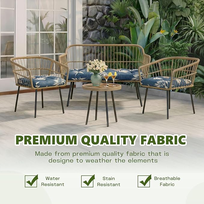 Wicker Chair Cushions Set, 2 U-Shaped Cushions & 1 Loveseat, Waterproof Outdoor Loveseat Cushion for Patio Furniture, Settee Bench Pad All Weather,GrayLeaf