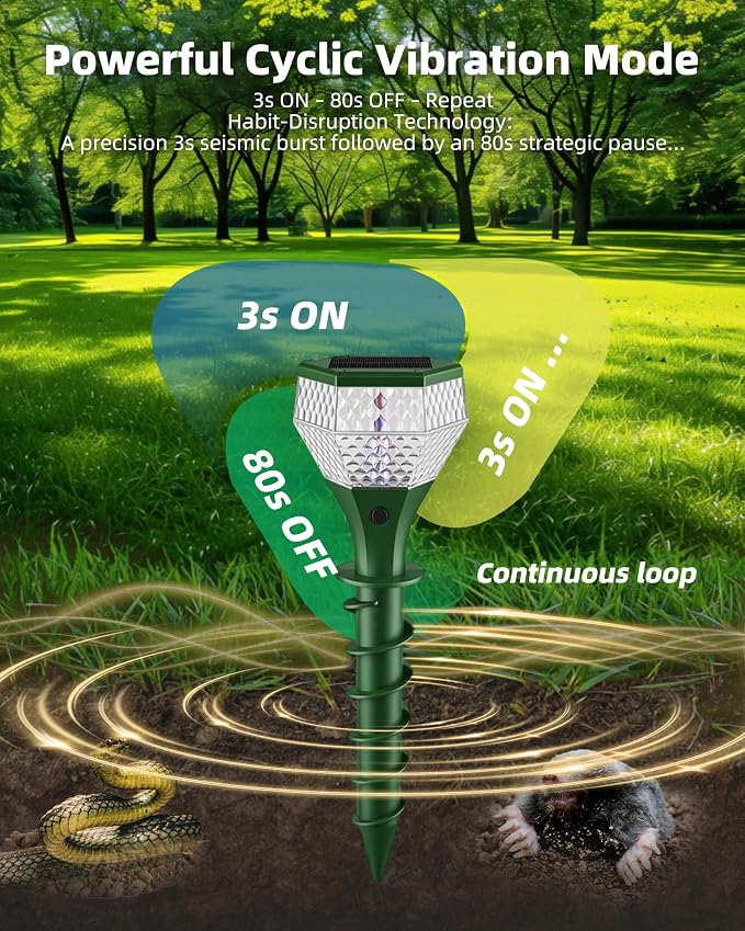Extra Large Solar Powered Mole Repellent, 3X Size& Coverage, Vibration& Ultrasonic Repeller with Color LED Night Light, Repels All Animal Repellent Outdoor