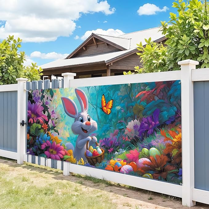 7 * 16FT Summer Garage Door Cover Decorations Sunset Palm Trees Garage Door Banner for Outdoor Indoor Summer Party Photography Backdrop (easter rabbit, 6 * 13 ft)
