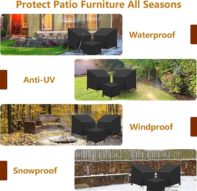 3 Piece Outdoor Veranda Patio Garden Furniture Cover Set with 420D Waterproof Fabric, Patio Furniture Covers Set with Windproof Buckle Strap Fit for Outdoor Wicker Rattan Chair Sets, Black
