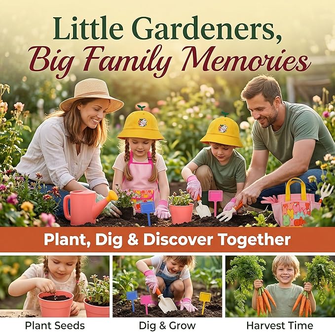Kids Gardening Outdoor Tools Set with Adorable Sun Protective Hat & Bunny Apron, Carrot-Shaped Shovel Rake Trowel, Garden Kit for Toddlers Ages 3-8, Spring Birthday Gift