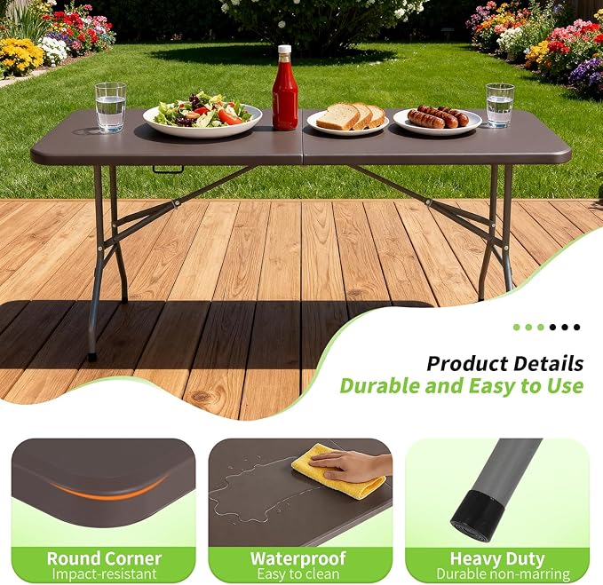 BestOffice 6 FT Picnic Table, Portable Plastic Folding Table with Carrying Handle Perfect for Picnics, Parties, Party and Camping, Brown