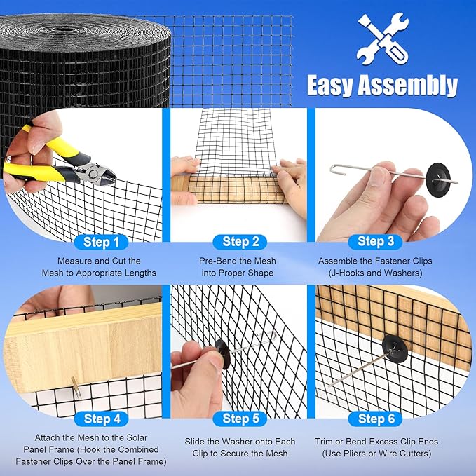 6in X 100ft Solar Panel Bird Guard - 1/2" Black PVC Mesh Galvanized Rust-Resistant Net, Critter Guard for Solar Panels with 70 Fastener Clips, Gloves, Cutting Pliers