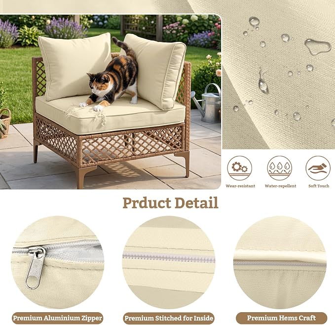 14pcs Outdoor Patio Cushion Covers Replacement, 25.6" Zippered Outdoor Cushion Covers Waterproof, UV Resistant & Washable Patio Furniture Cushion Covers Waterproof for Patio Sectional, Beige